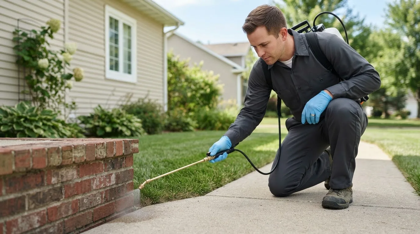 Pest control technician treating a home near Highlands Ranch, CO